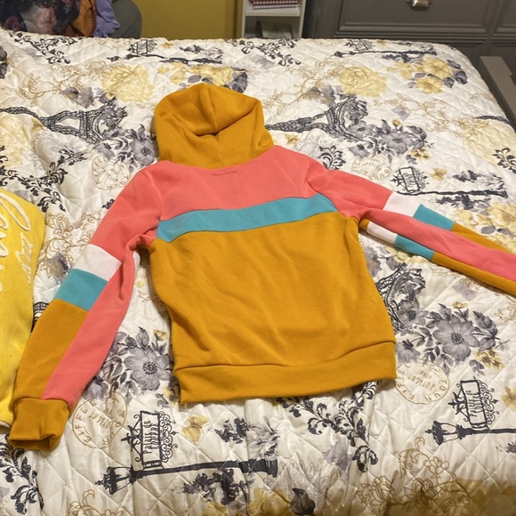 mustard brown,pink,teal & white zip up hoodie and sweatpants set - Picture 4 of 4